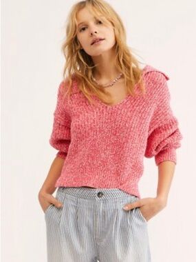 Free People Pink Red Marled Knit Sweater XS Cropped Slouchy